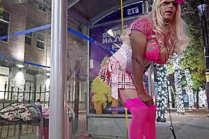 Dildo And Cum At The Bus Stop